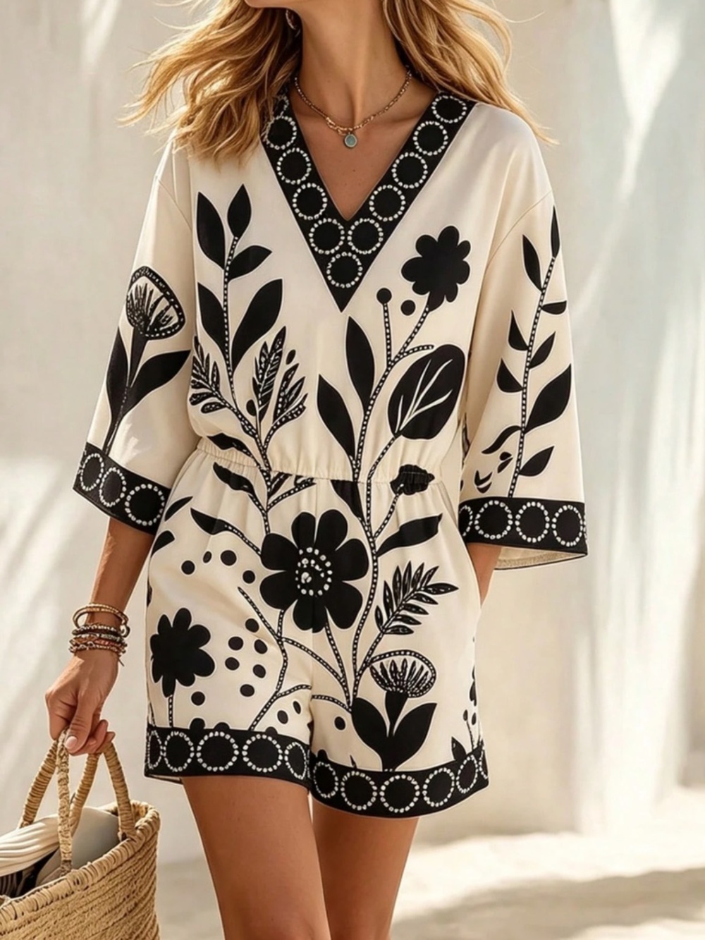Classic Floral Print V neck Short Sleeve Romper - Picture 2 of 5